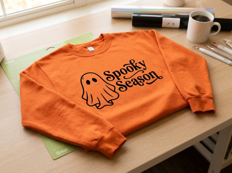 A bright orange crewneck sweatshirt featuring a black graphic print of a cute ghost and the text "Spooky Season," laid flat on a wooden crafting table next to a coffee mug.