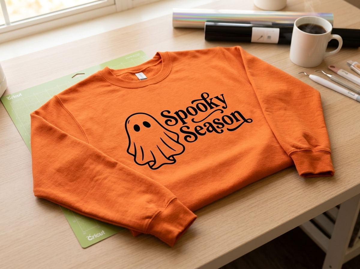 A bright orange crewneck sweatshirt featuring a black graphic print of a cute ghost and the text "Spooky Season," laid flat on a wooden crafting table next to a coffee mug.