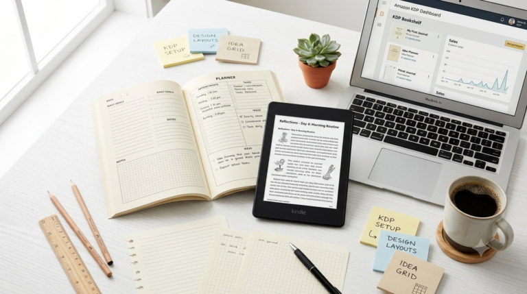 Amazon KDP interiors beginner's guide 2026 — journal, planner and notebook interior pages with Kindle and laptop showing KDP dashboard