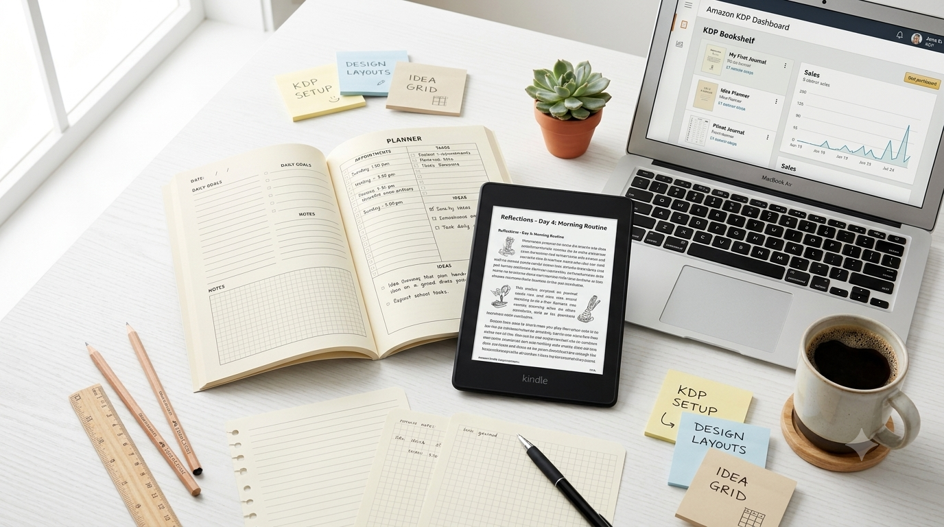 Amazon KDP interiors beginner's guide 2026 — journal, planner and notebook interior pages with Kindle and laptop showing KDP dashboard