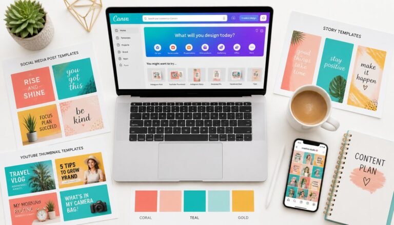 Laptop showing Canva template dashboard surrounded by printed social media design mockups and creative workspace tools