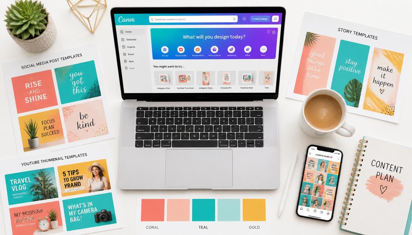 Laptop showing Canva template dashboard surrounded by printed social media design mockups and creative workspace tools