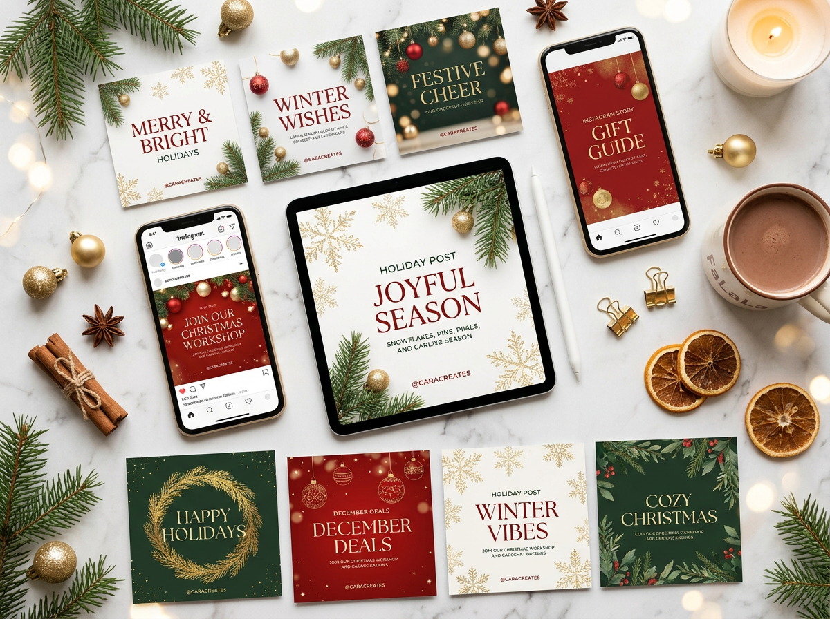 Christmas Canva templates for Instagram holiday social media posts flat lay with festive decorations