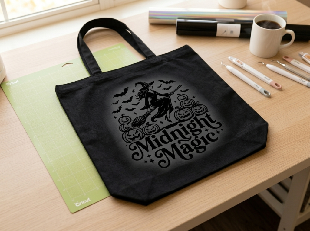 A black canvas tote bag with a grey Halloween graphic reading "Midnight Magic," featuring a witch flying on a broomstick, bats, and jack-o'-lanterns, laid flat on a crafting table.