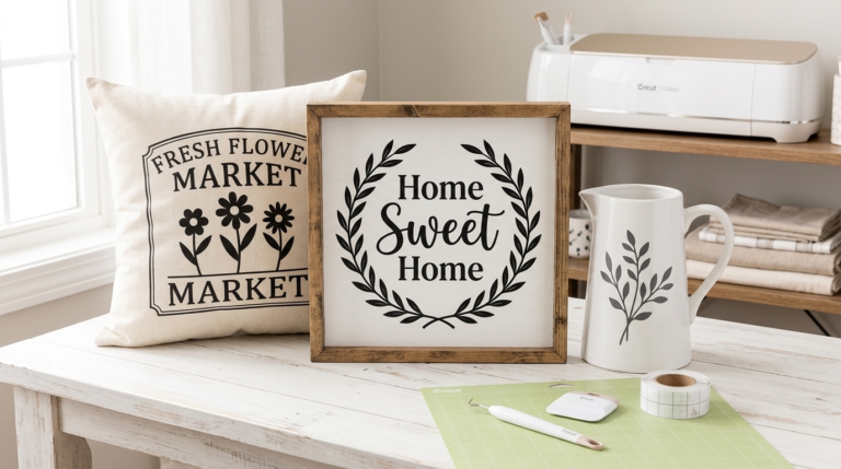A beautifully curated collection of finished farmhouse SVG home decor projects on a distressed white wooden table, featuring a "Home Sweet Home" framed sign, a "Fresh Flower Market" throw pillow, a ceramic pitcher, and Cricut crafting tools.