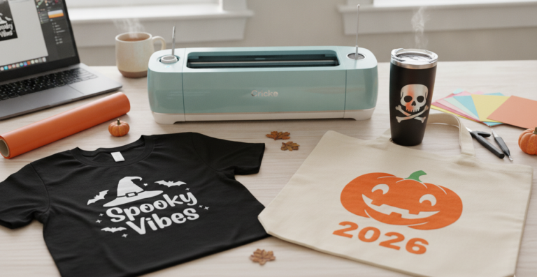 A creative workspace showcasing Halloween crafts made with a cutting machine. In the foreground, there is a black t-shirt with a white 'Spooky Vibes' design featuring a witch hat, and a beige canvas tote bag printed with a large orange jack-o'-lantern and the year '2026'. A mint-green Cricut-style machine, an orange vinyl roll, a skull tumbler, and small decorative pumpkins are arranged on the wooden desk.