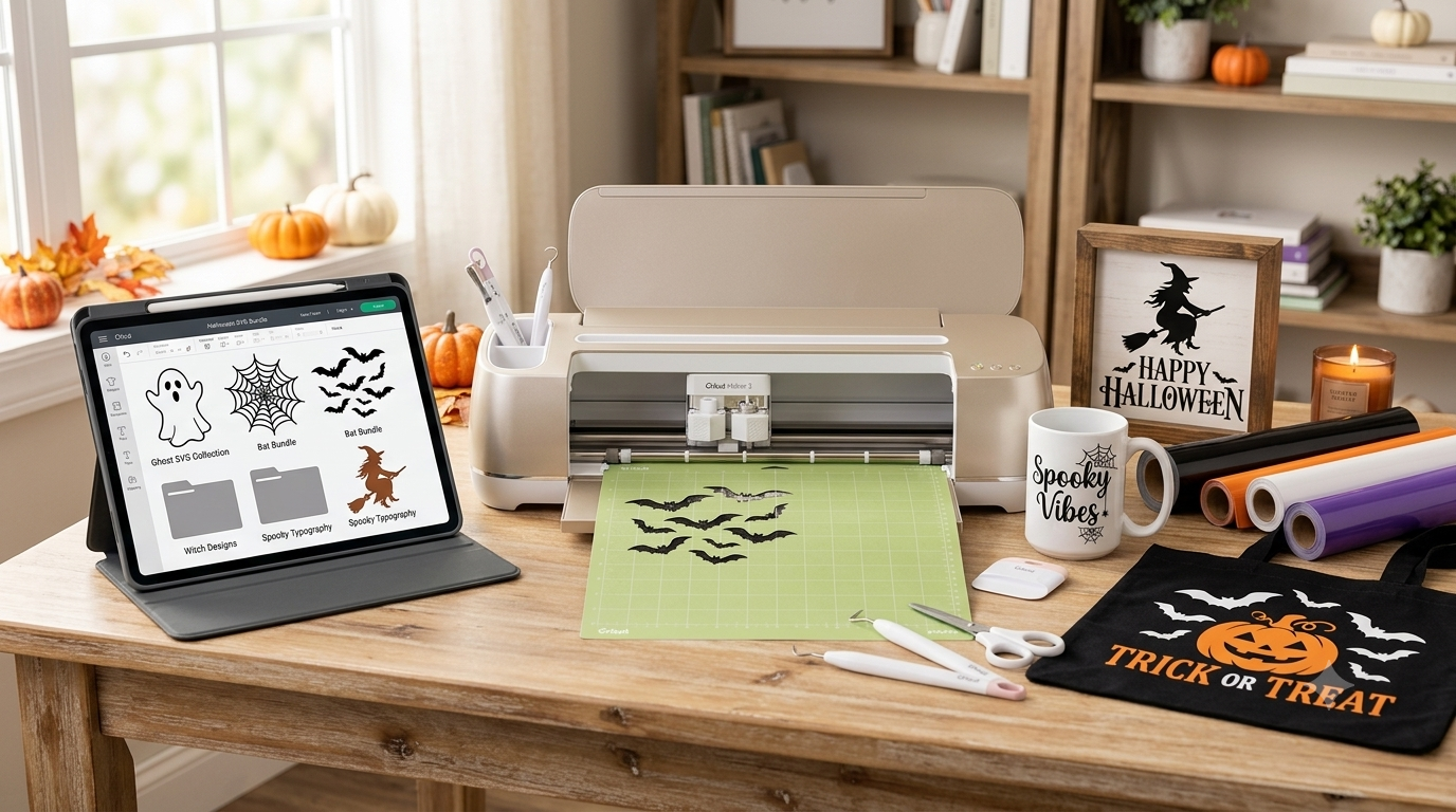 Halloween SVG. A curated collection of spooky Halloween craft projects made with a Cricut Maker, featuring various vinyl designs like bats, ghosts, and jack-o'-lanterns on a mug, tote bag, and apparel.