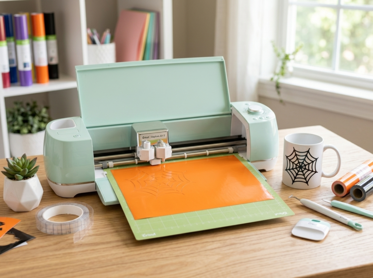 A mint green Cricut Explore Air 2 machine on a wooden desk cutting an orange vinyl Halloween design, next to a finished spiderweb mug and crafting tools.