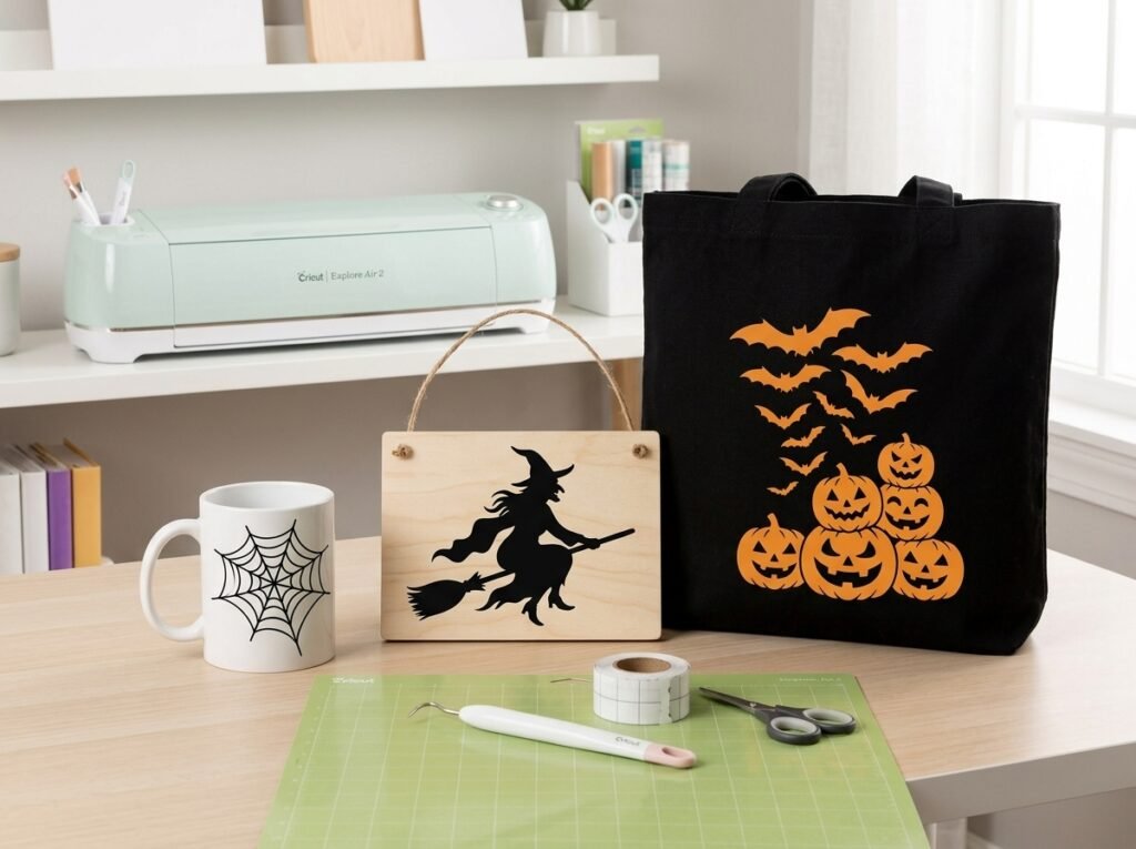 A curated collection of finished Halloween craft projects (mug, sign, tote bag) featuring various vector SVG designs, displayed on a wooden craft table with a Cricut Explore Air 2 and tools in the background.