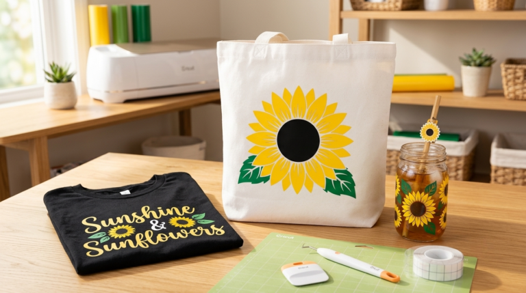 A bright and cheerful collection of finished sunflower craft projects made with a Cricut machine, including a floral tote bag, a decorated glass tumbler, and crafting tools on a wooden table.