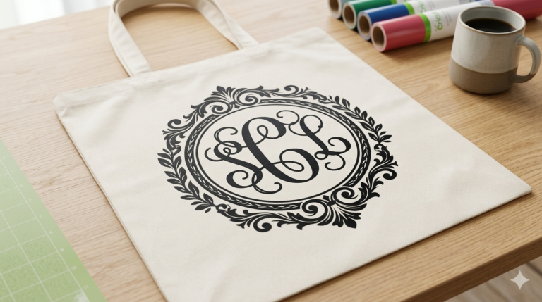 Elegant monogram font design applied as matte black vinyl to a canvas tote bag for Cricut crafters.