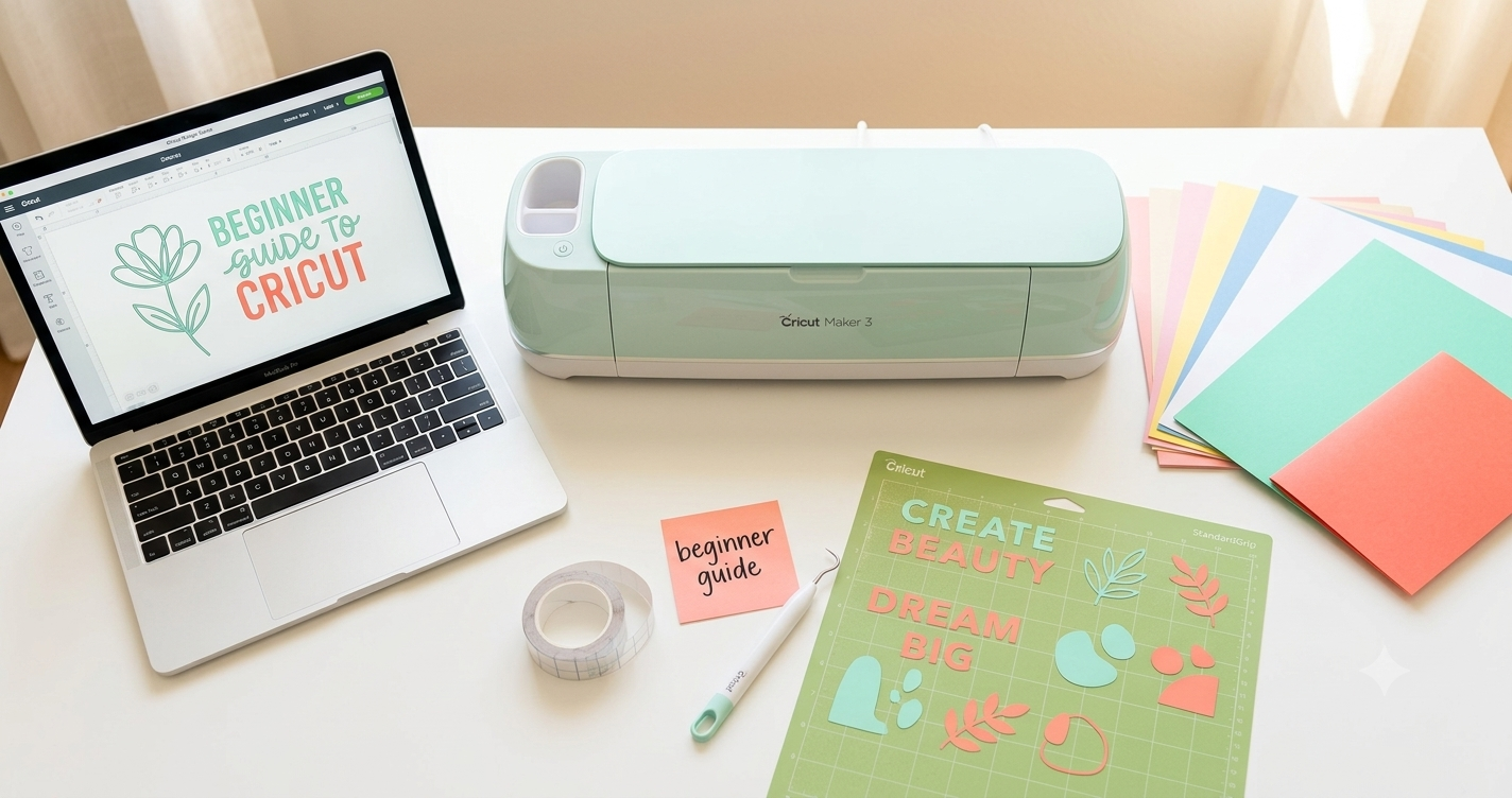 SVG files for Cricut. Cricut cutting machine on a craft desk with SVG designs on cutting mat laptop and craft tools for beginners