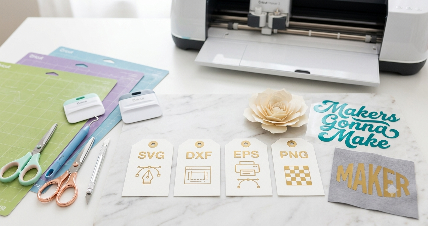 SVG DXF EPS and PNG file format cards arranged on a desk next to a Cricut cutting machine and craft materials