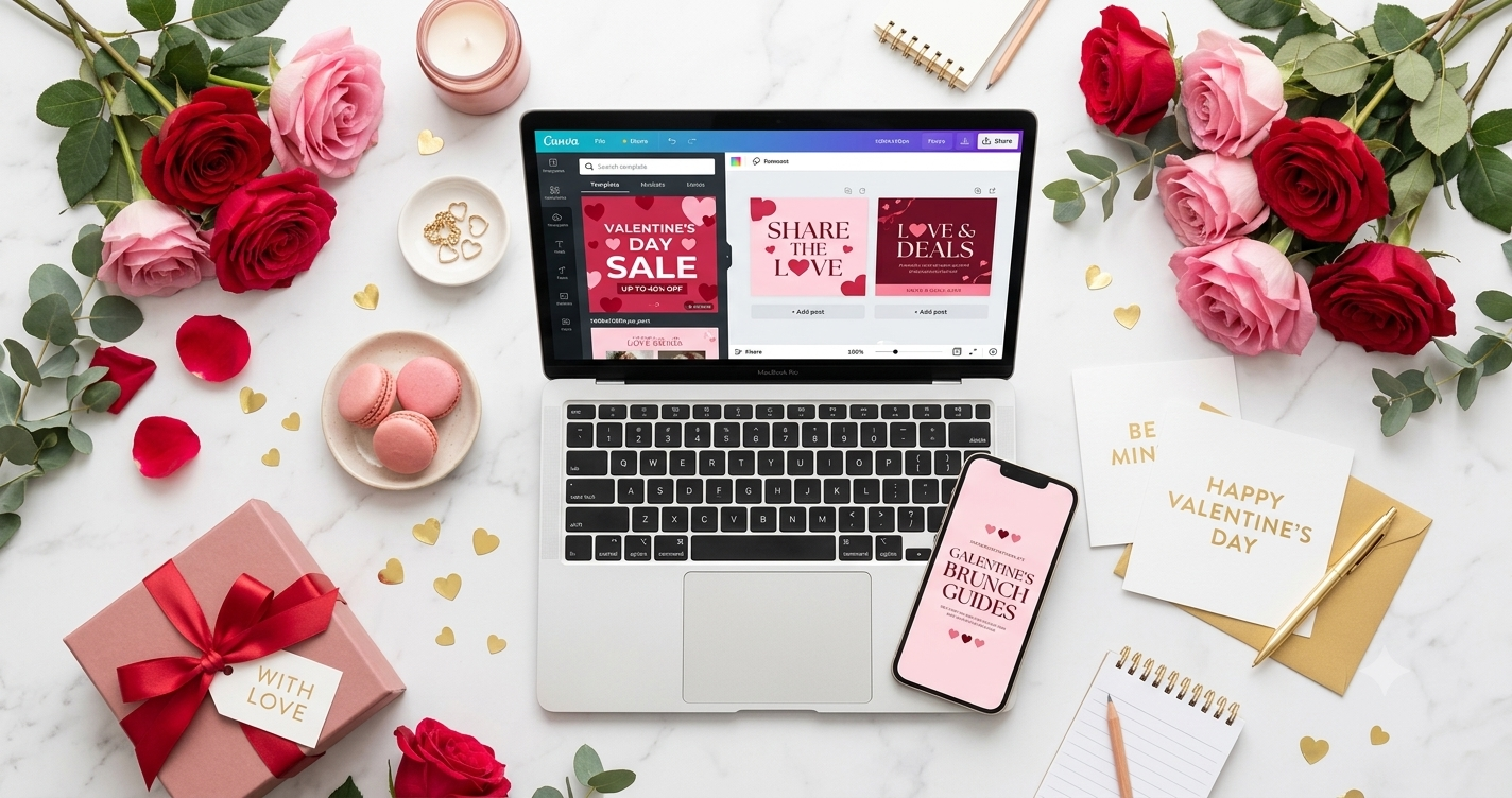 Laptop and phone displaying Valentine's Day Canva templates for small business surrounded by roses and pink decorations