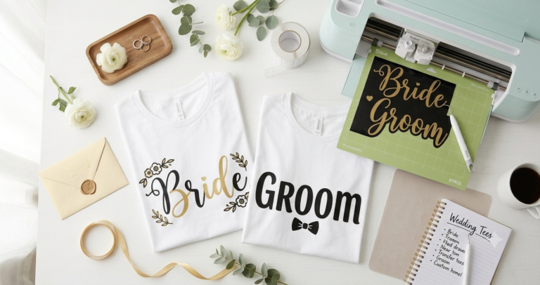 A bright and airy top-down photograph of a curated bridal shower party planning flat lay. It features various elegant, DIY decorations made using SVG files and a Cricut machine, including a "Bride to Be" banner, favor boxes, personalized gift tags, and whimsical photo booth props on a white wooden table, surrounded by fresh flowers and greenery.