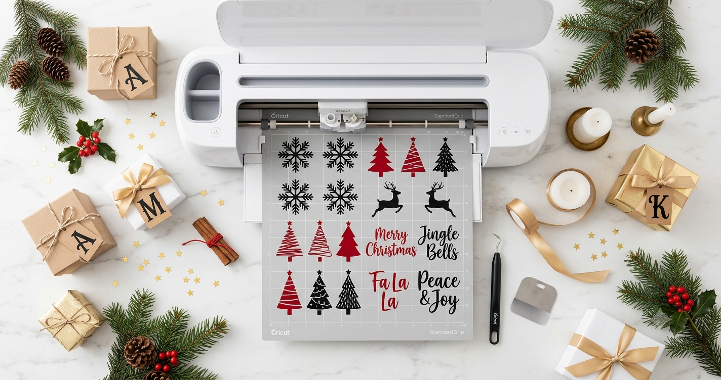 Cricut Maker cutting machine with Christmas SVG bundle designs including snowflakes trees and festive lettering on white marble surface