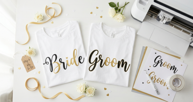 Groom and Bride custom t-shirts with heat transfer vinyl SVG designs next to Cricut cutting machine and wedding craft supplies