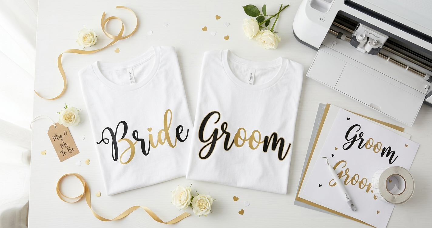 Groom and Bride custom t-shirts with heat transfer vinyl SVG designs next to Cricut cutting machine and wedding craft supplies