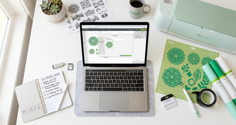 Laptop showing Cricut Design Space SVG file upload screen on a craft desk with Cricut machine cutting mat and tools