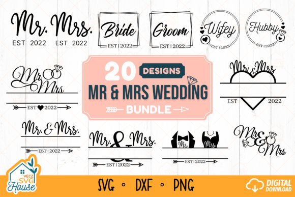 Mr and Mrs wedding sign SVG bundle with monogram design