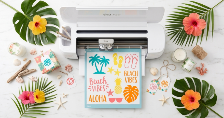 Cricut Maker cutting tropical summer SVG designs including palm trees, flip flops, pineapple, and Beach Vibes quotes on a blue mat with beach decor