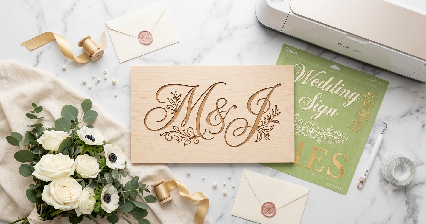 Wedding monogram SVG in elegant script font on wooden sign surrounded by white roses and Cricut cutting tools on marble surface