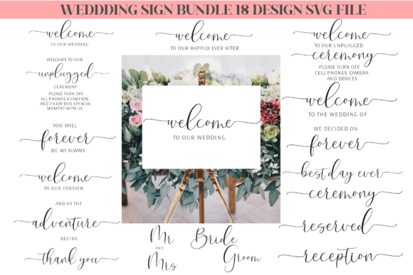 Wedding welcome sign SVG bundle with script quotes for Cricut