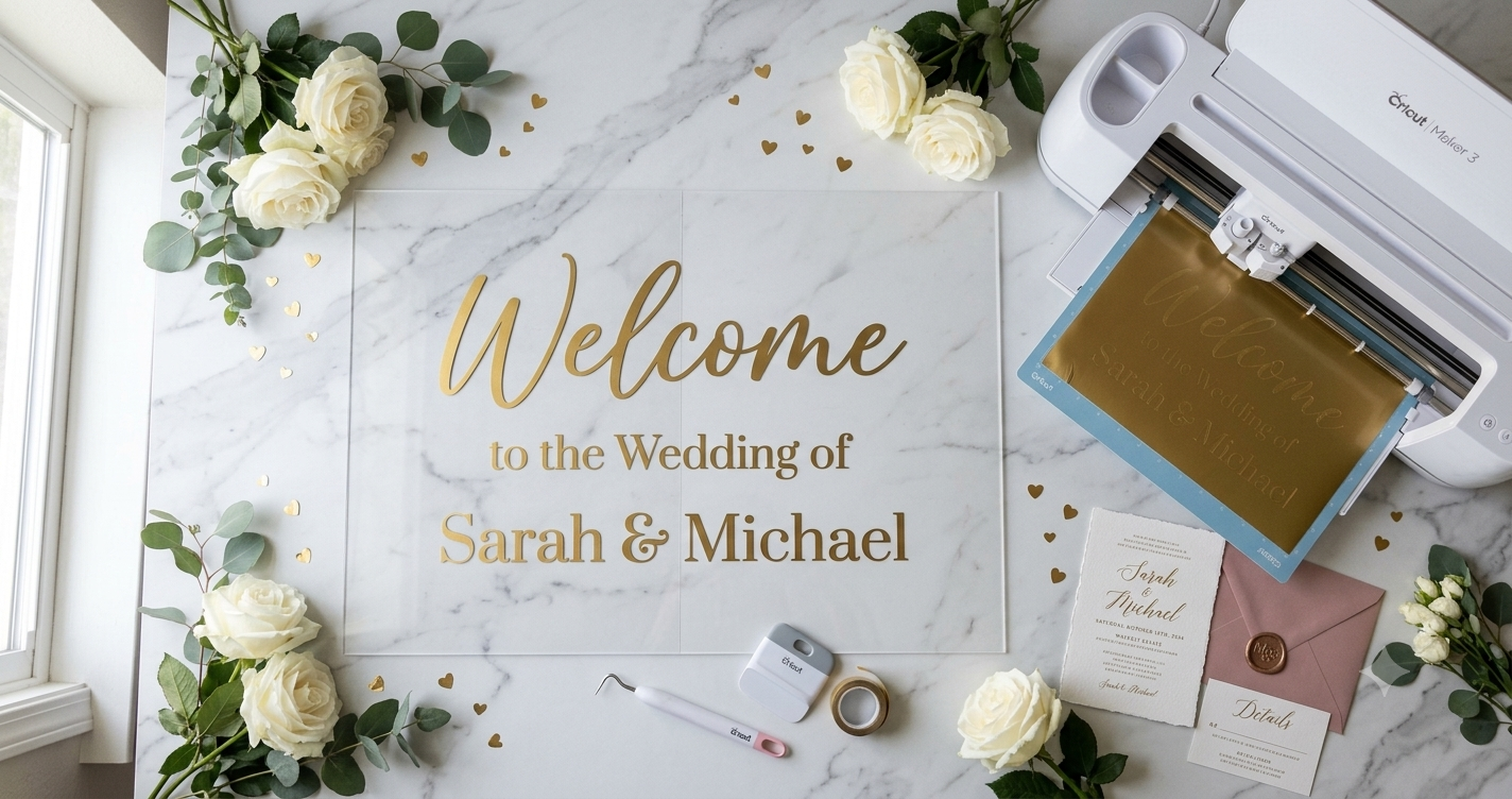 Top-down photograph of a wedding welcome sign being created on clear acrylic with gold vinyl using a Cricut machine, surrounded by white roses, eucalyptus, and gold heart confetti. Bright and airy professional lifestyle photography.
