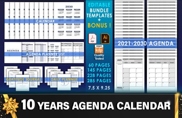 Preview of a 10-year agenda and calendar KDP interior template bundle with editable planner and journal pages.