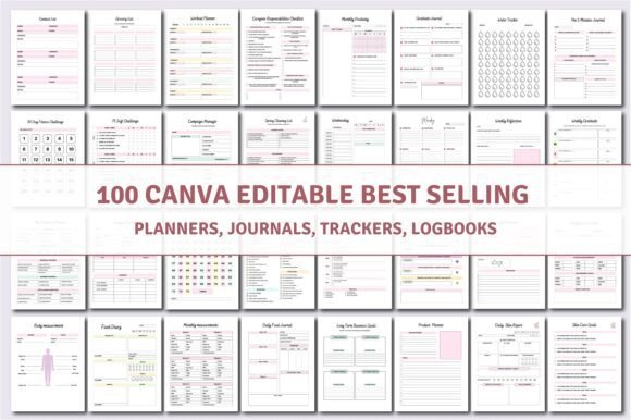 Grid preview of 100 editable Canva templates for best-selling planners, journals, trackers, and logbooks.