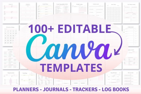 Preview grid of 100+ editable Canva templates for planners, journals, trackers, and logbooks.