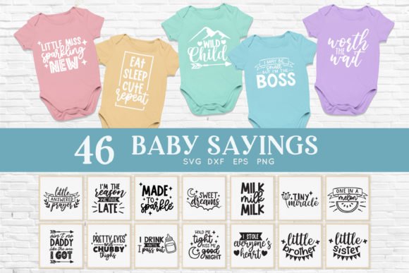 Bundle preview of 46 newborn baby sayings SVG cut files displayed on colorful baby onesies and typography cards.