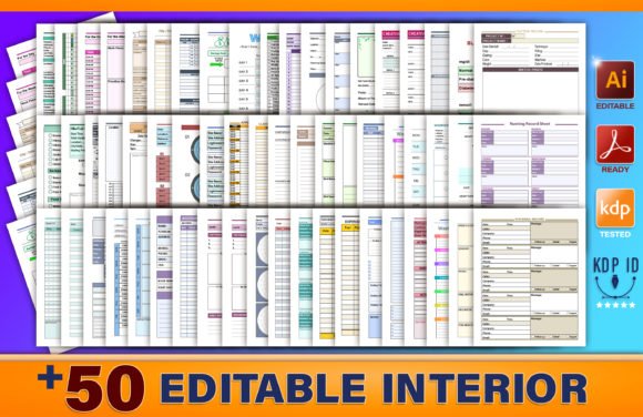 Preview collage of over 50 editable KDP interior templates for Adobe Illustrator and print-ready PDF formats.