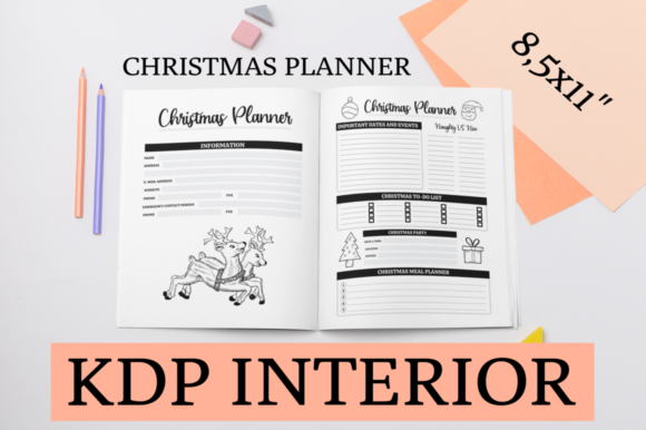 A promotional mockup for an Amazon KDP low-content book interior, featuring an open 'Christmas Planner' with black and white line-art pages. The left page shows sections for personal info and reindeers, while the right page features sections for Important Dates, To-Do lists, and Meal Planning with icons of Santa, an ornament, and a tree. Large text overlays at the top and bottom confirm it is a 'CHRISTMAS PLANNER' and 'KDP INTERIOR', and a pink paper cutout indicates the dimension '8,5x11