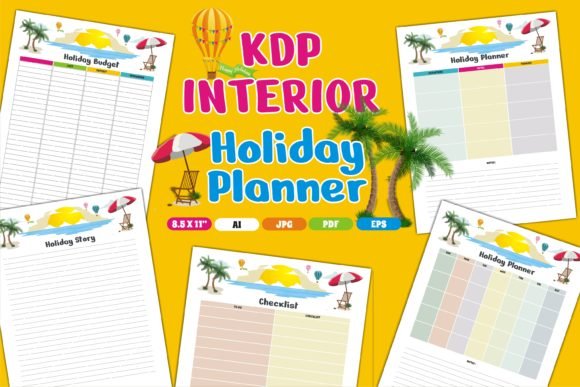 KDP Interior Holiday Planner template with budget tracker, checklist, and story pages - tropical beach design