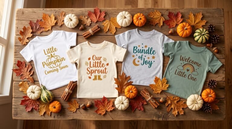 A collection of four infant t-shirts on a rustic wooden table, each with a unique autumn-themed baby quote design: "Little Pumpkin Coming Soon", "Our Little Sprout", "Bundle of Joy", and "Welcome Little One". They are surrounded by decorative maple leaves, mini pumpkins, cinnamon sticks, and acorns.