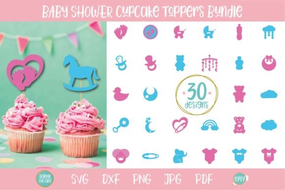 Preview of a 30-design baby shower cupcake toppers SVG bundle with pink and blue cut file shapes shown on cupcakes and an icon grid.