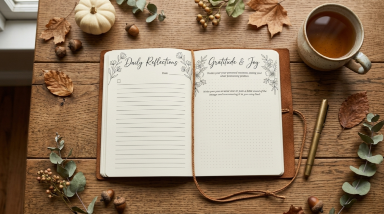 An open journal notebook showing printed KDP interior templates low content pages with elegant script headings and decorative line-art illustrations, styled on a wooden desk with seasonal decor
