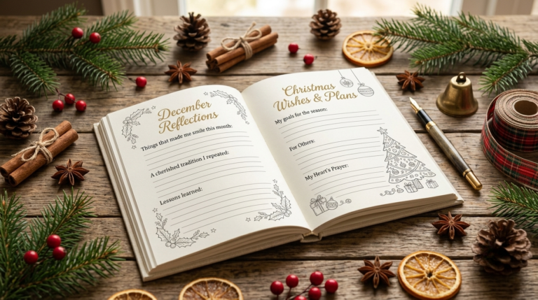 An open journal notebook showing printed Christmas Journal KDP Interior pages with elegant script headings and decorative line-art illustrations, styled on a wooden desk with seasonal decor