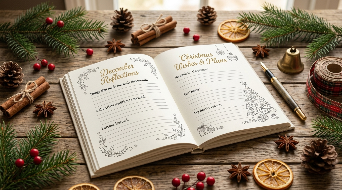 An open journal notebook showing printed Christmas Journal KDP Interior pages with elegant script headings and decorative line-art illustrations, styled on a wooden desk with seasonal decor