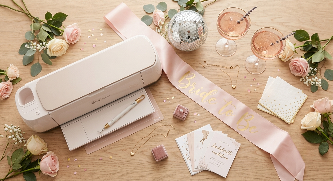 A top-down flat lay photograph on a light wood surface, showcasing a rose and champagne gold Cricut Maker 3 and crafting tools surrounded by bachelorette party decor. A pink satin sash is draped across the scene with the text "BRIDE TO BE" in readable gold foil lettering. Nearby are rose gold champagne coupe glasses, pink and cream roses, eucalyptus sprigs, a disco ball, and bachelorette invitation cards in velvet boxes. The composition highlights a cohesive and celebratory wedding craft preparation setting.