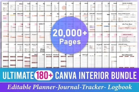 Preview grid of the Ultimate 180+ Canva Interior Bundle showing editable KDP planner, journal, and tracker templates with a 