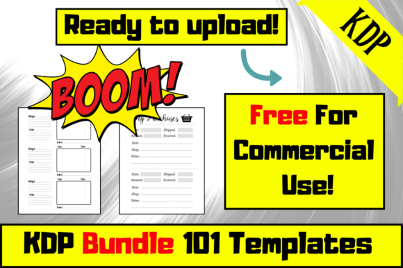 Promotional graphic for KDP Bundle 101 Templates with commercial use license and ready-to-upload interior pages.