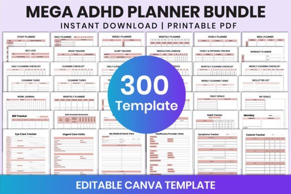 Preview grid of the Mega ADHD Planner Bundle featuring 300 editable Canva templates for KDP low-content books.