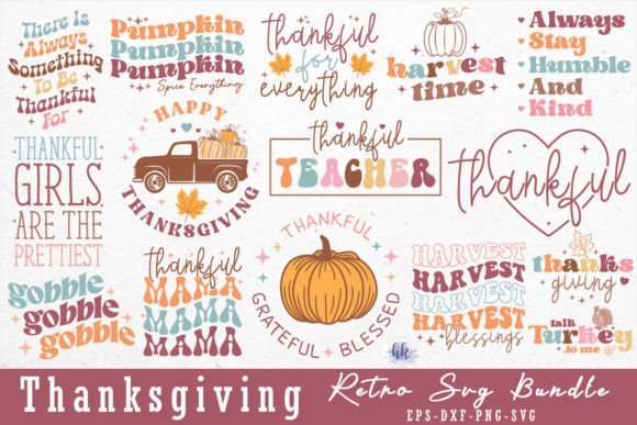 Retro Thanksgiving SVG cut file bundle for Cricut with groovy fall typography, vintage pumpkins, and pastel autumn quotes including