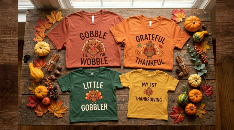 Family matching Thanksgiving t-shirts with turkey SVG designs for Cricut laid flat on a wooden table with autumn leaves and pumpkins